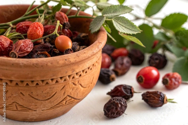 Obraz Rose hips in rustic clay pot on clean white background