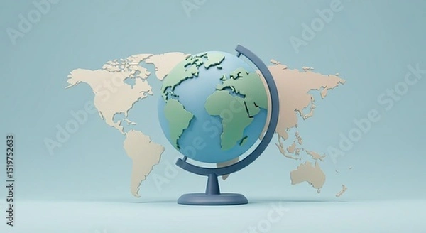 Fototapeta A vibrant 3D globe showing continents like Europe, Asia, and America, resting on a white background, symbolizing global travel and communication