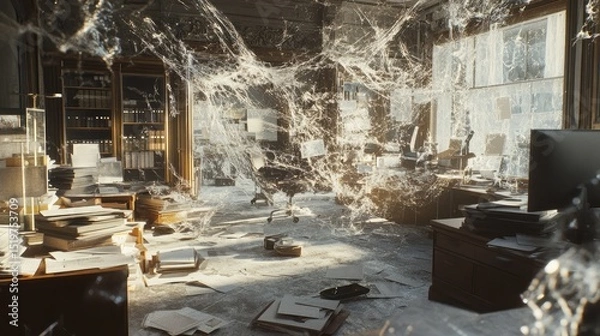 Fototapeta View through shattered glass window into a decaying office filled with cobwebs and scattered files