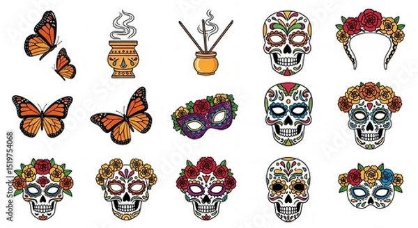 Fototapeta Vector icons representing Dia de los Muertos elements including butterflies, incense burners, skull masks, and flower crowns on white background