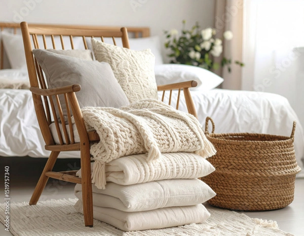 Fototapeta Cozy Scandinavian bedroom corner with a rattan armchair and a knitted throw blanket. Natural woven basket on a jute rug, soft daylight filtering through sheer white curtains. Warm, minimalist interior