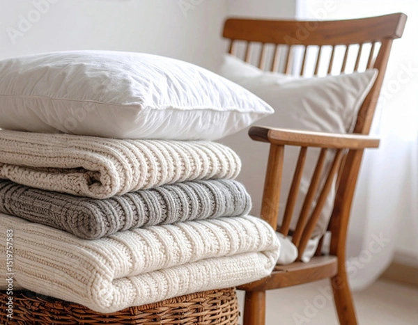 Fototapeta Cozy Scandinavian bedroom corner with a rattan armchair and a knitted throw blanket. Natural woven basket on a jute rug, soft daylight filtering through sheer white curtains. Warm, minimalist interior