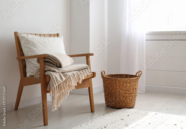 Fototapeta Cozy Scandinavian bedroom corner with a rattan armchair and a knitted throw blanket. Natural woven basket on a jute rug, soft daylight filtering through sheer white curtains. Warm, minimalist interior
