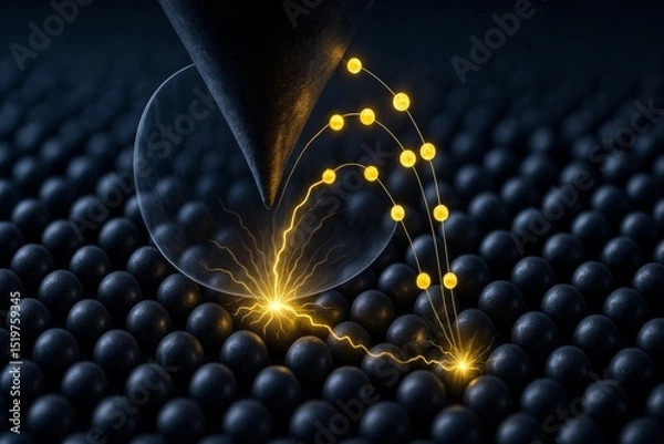 Fototapeta Quantum tunneling illustration. STM tip showing electrons tunneling across surface with glowing yellow particles.