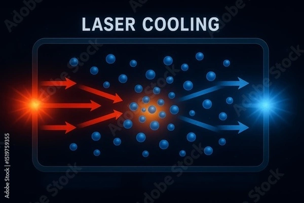 Fototapeta Laser cooling physics concept. Diagram showing red and blue laser beams slowing atoms in quantum experiment.