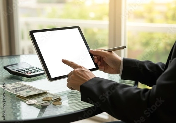 Fototapeta Businessman Using Tablet Device – Close-up Mockup