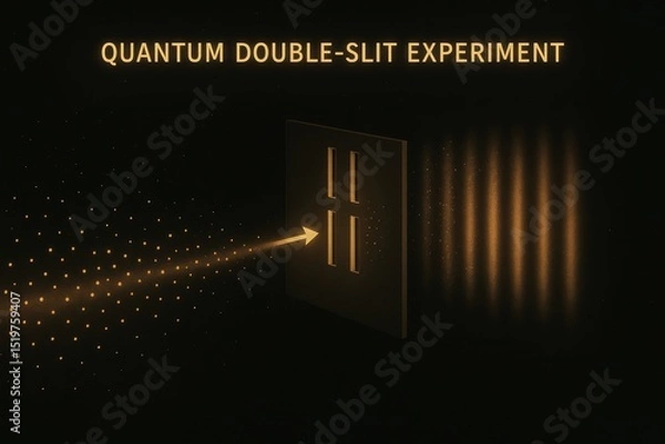 Fototapeta Quantum double-slit experiment. Glowing particle wave passing through slits creating interference pattern on screen.