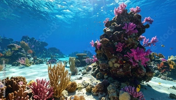 Fototapeta Vibrant coral reef ecosystem in azure waters teeming with marine life panorama