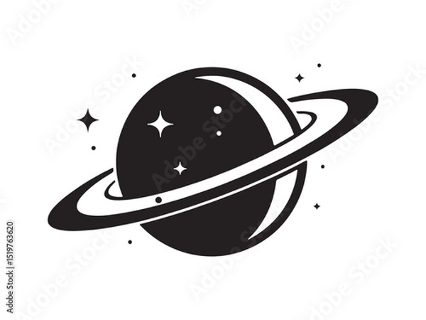 Fototapeta Minimalist Black and White Saturn Planet Silhouette with Rings and Stars