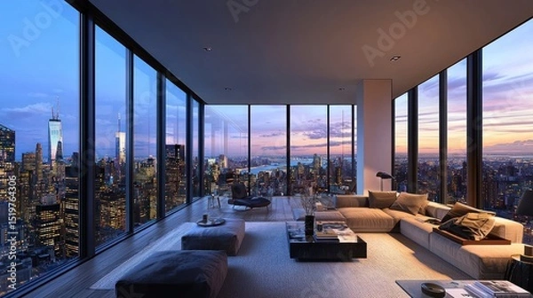 Obraz Luxury Penthouse Apartment with Stunning Cityscape View at Dusk