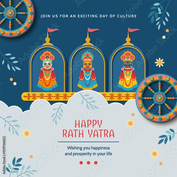 Fototapeta Jagannath Puri Rath Yatra. Festive paper cut style banner with Lord Jagannath, Balabhadra, Subhdra and hand painted plants