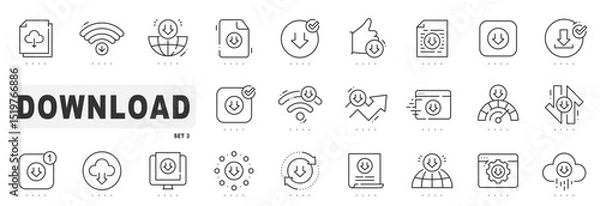 Fototapeta Set of download related line icons. Button, save, down, upload etc. Editable stroke. Set 3