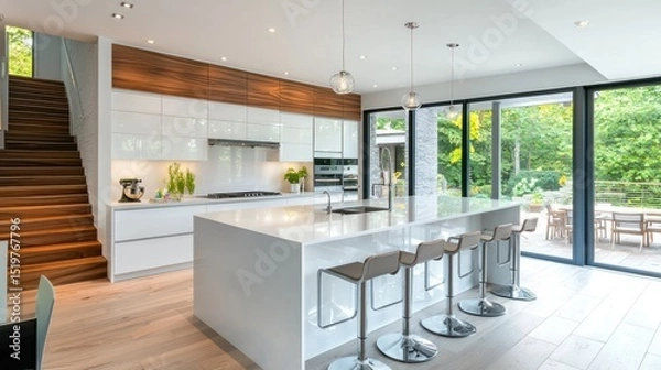 Obraz Modern Kitchen with Island and Patio View