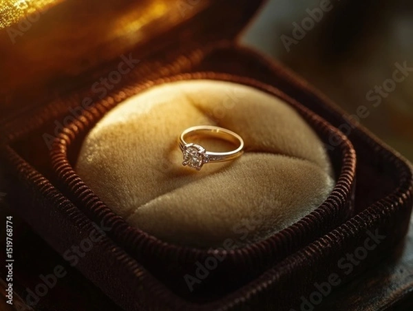 Obraz A wedding ring on a velvet box, illuminated with soft golden light