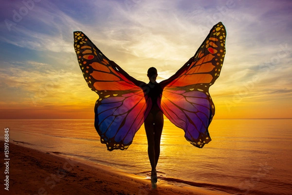 Fototapeta Graceful Woman with Vibrant Butterfly Wings on the Beach at Sunset Sunshine. Magical Mood of Transformation. Healing Meditation. Rear View of Girl Silhouette with Open Arms at Colorful Sea Sky view