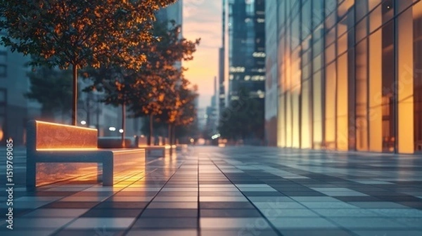 Obraz Illuminated Cityscape Bench at Dusk