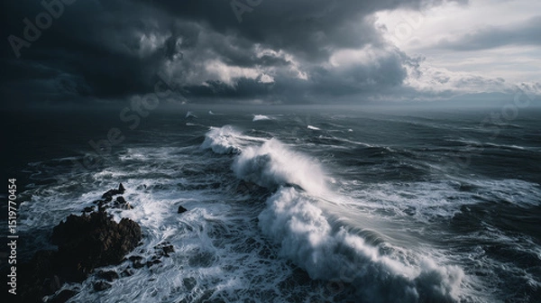 Fototapeta Aerial view of massive ancient tsunami waves crashing onto rocky coastline with towering dark water wall and dramatic storm clouds. Prehistoric natural disaster and extreme weather concept.