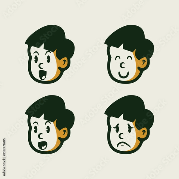 Obraz Cartoon boy face set showing surprised, scared, angry, and mischievous expressions in bold vector style. Perfect for emoji, mascot, sticker, or children’s content design