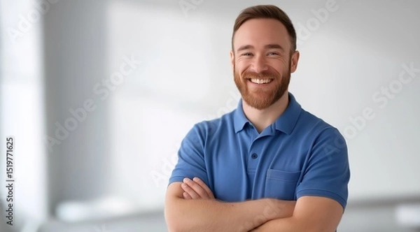 Fototapeta Cheerful man with beard is wearing blue polo shirt, standing confidently with his arms crossed. background is softly blurred, creating warm and inviting atmosphere