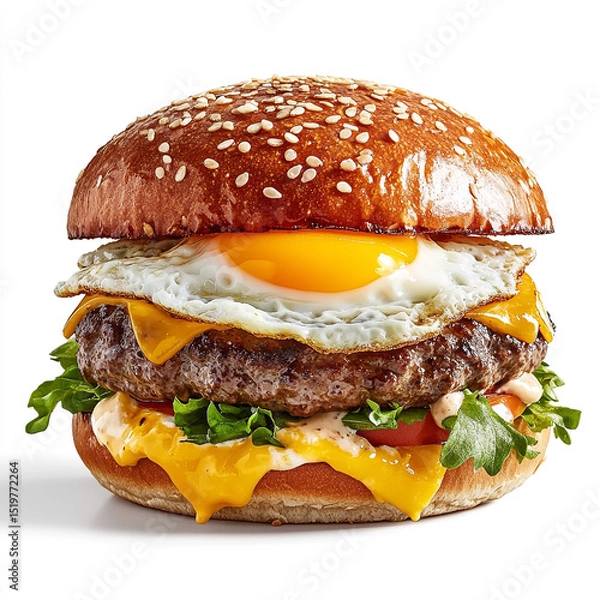 Fototapeta Delicious gourmet burger with sunny side up egg cheese lettuce and tomato isolated on white background ready for advertising