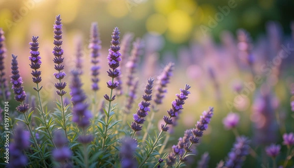 Fototapeta Fine lavender plants in full bloom on dreamy nature backdrop, wide banner format
