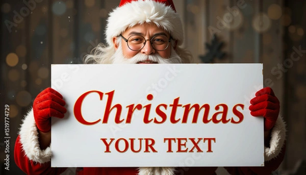 Fototapeta Jolly Santa in red suit smiling with white signboard and decorative Christmas text