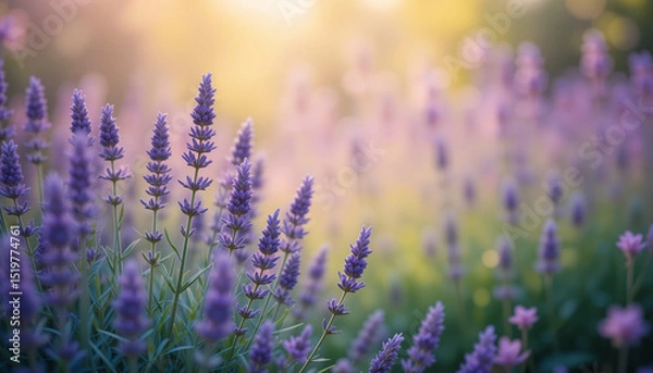 Fototapeta Lavender field in bloom with blurred background, panoramic floral nature scene