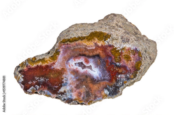 Fototapeta Closeup of cut polished gem agate passing to red jasper isolated on white background. Beautiful small geode inside natural mineral stone cross section. Found in rock near Nova Paka, northeast Czechia.