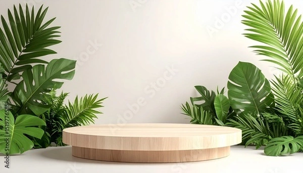 Fototapeta Minimalist Circular Stage Mockup with Natural Wood and Plant Accents