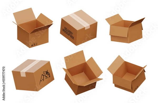 Fototapeta 3D cardboard box delivery. Parcel template with tape, open and closed box packaging, realistic design. Vector set