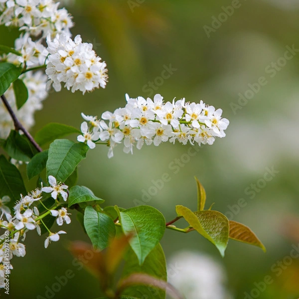Fototapeta Bird cherry flowers on branches close-up