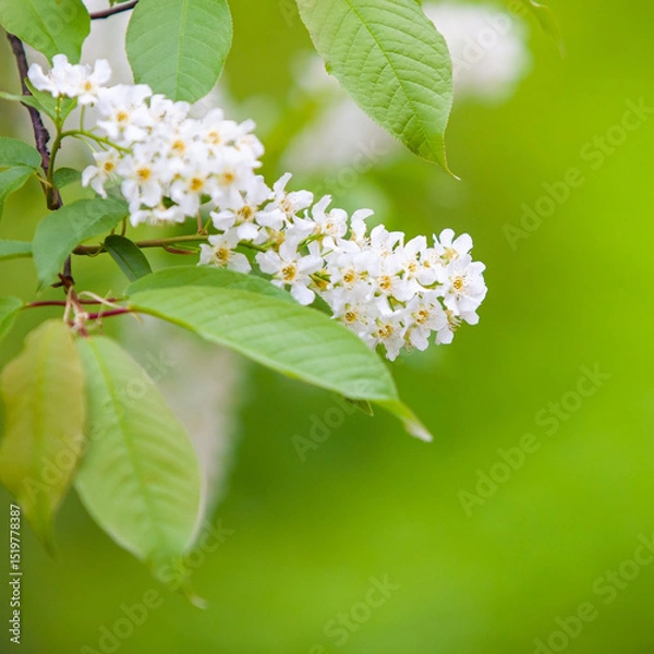 Fototapeta Bird cherry flowers close-up on a green background 