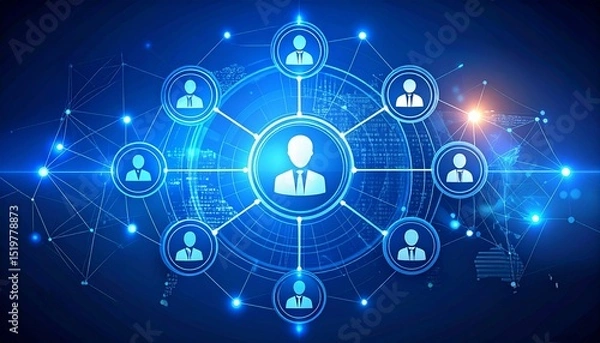 Obraz Artificial Intelligence LinkedIn concept. Digital network connecting people with graphical elements and blue tones.