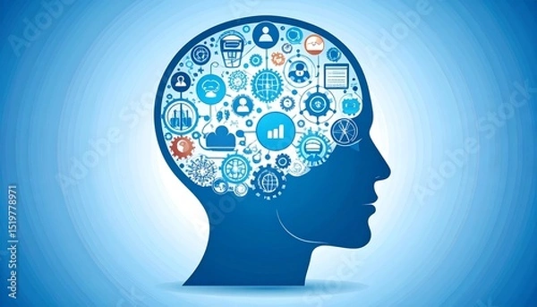 Fototapeta Artificial Intelligence LinkedIn concept. Digital illustration of a brain with various icons symbolizing ideas.