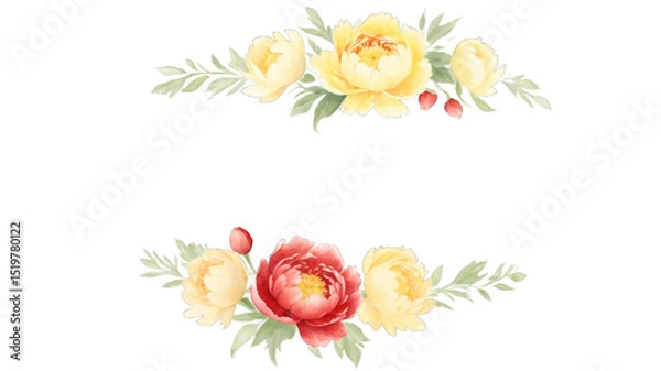 Obraz Decorative floral border with yellow and red peonies.