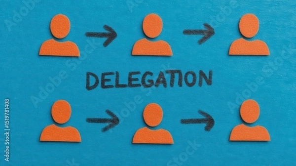 Fototapeta Delegation workflow concept with team icons Illustration of task delegation process using orange human icons and arrows on blue background to represent team management structure