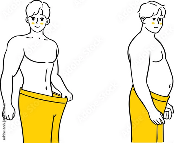Obraz Vector illustration depicting a man's body transformation, from overweight to fit. Ideal for themes of weight loss, fitness, healthy lifestyle, diet, exercise, or before and after concepts.