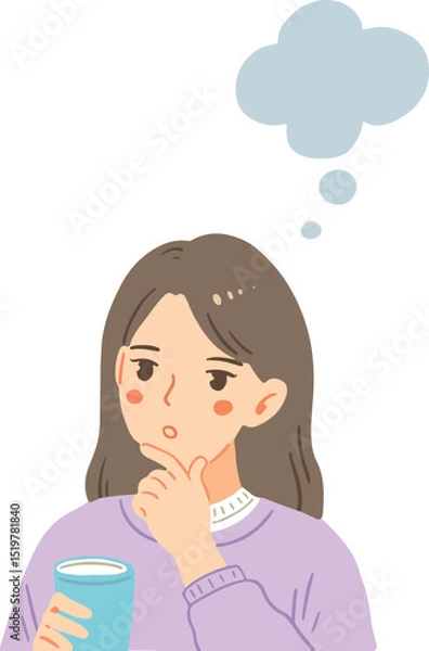Obraz Vector illustration of a thoughtful woman holding a cup with a thought bubble. Ideal for conveying ideas, pondering, decision-making, problem-solving, or quiet reflection.