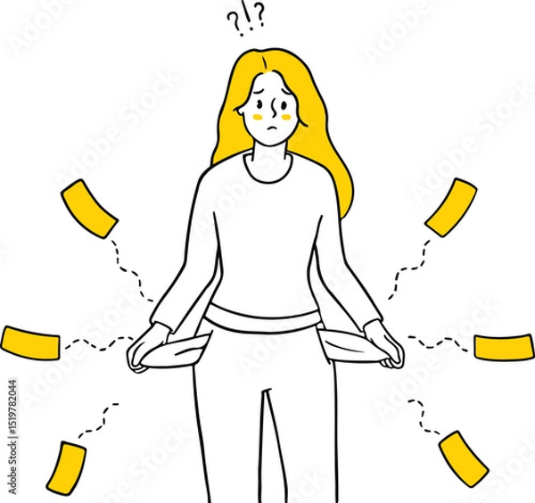 Obraz Vector illustration of a distressed woman showing empty pockets with money flying away. Ideal for themes of financial problems, bankruptcy, debt, poverty, or budget struggles.