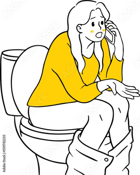 Obraz Vector illustration of a woman on the toilet, surprised while on a phone call. Captures awkward moments, unexpected calls, privacy, or multi-tasking humorously.