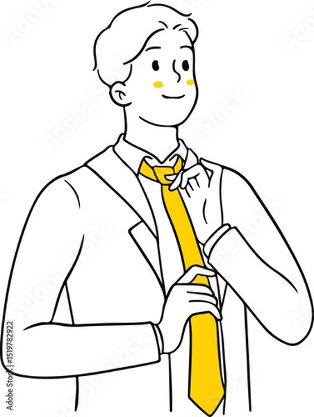 Obraz Vector illustration of a man in a suit adjusting his tie. Ideal for themes of business, professionalism, preparation, formal wear, success, or getting ready for work.