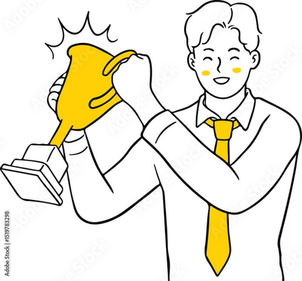Obraz Vector illustration of a happy man in a shirt and tie proudly holding a glowing trophy. Perfect for themes of success, achievement, winning, victory, award, or business recognition.