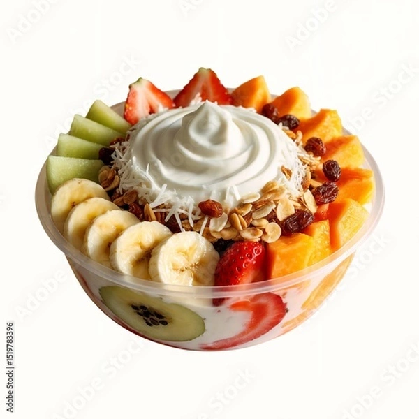 Obraz A vibrant and fresh fruit bowl filled with assorted sliced fruits including banana, papaya, strawberries, and melon, topped with a swirl of creamy yogurt, shredded coconut, granola, and raisins. 