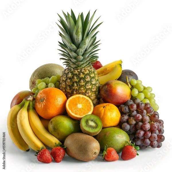 Obraz A vibrant tropical fruit arrangement featuring a whole pineapple at the center surrounded by bananas, oranges, mango, grapes, strawberries, kiwi, and exotic fruits like horned melon. All fruits are fr