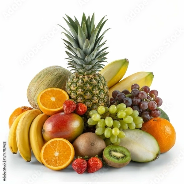 Obraz A vibrant tropical fruit arrangement featuring a whole pineapple at the center surrounded by bananas, oranges, mango, grapes, strawberries, kiwi, and exotic fruits like horned melon. All fruits are fr