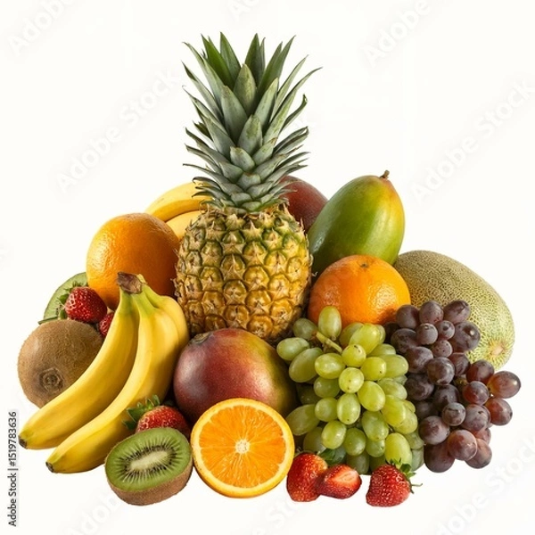 Obraz A vibrant tropical fruit arrangement featuring a whole pineapple at the center surrounded by bananas, oranges, mango, grapes, strawberries, kiwi, and exotic fruits like horned melon. All fruits are fr