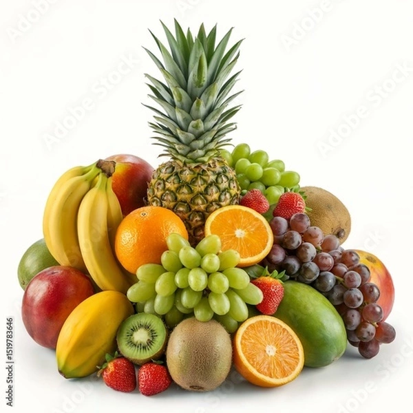 Obraz A vibrant tropical fruit arrangement featuring a whole pineapple at the center surrounded by bananas, oranges, mango, grapes, strawberries, kiwi, and exotic fruits like horned melon. All fruits are fr
