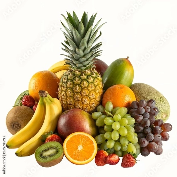 Obraz A vibrant tropical fruit arrangement featuring a whole pineapple at the center surrounded by bananas, oranges, mango, grapes, strawberries, kiwi, and exotic fruits like horned melon. All fruits are fr