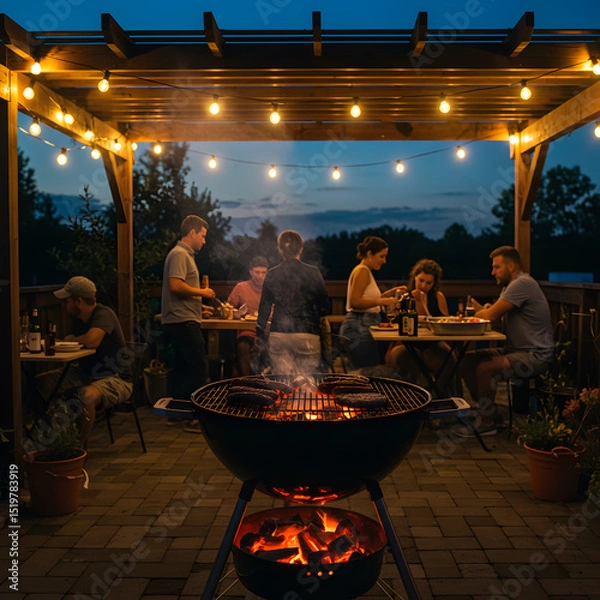 Obraz Evening Gathering: Friends Enjoying Outdoor Dinner Under a Pergola with Grill