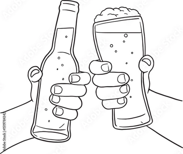 Obraz Cheers! Hand-drawn vector illustration of friends toasting with beer mugs and bottles. Perfect for celebrations, party invitations, bar menus, and festive designs.